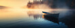 Misty lake with boat landscape, rowboat in the morning mist panorama