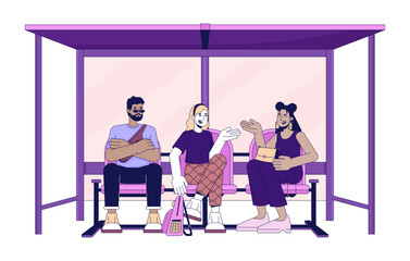Poster - diverse passengers waiting on bus stop 2d linear cartoon characters. multicultural adults on seats i