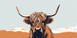 A minimalist highland cow in beige and brown tones with mountains in the background. Simple vintage livestock illustration.