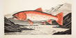 Minimalist red salmon or trout jumping out of a river in beige and brown colors with mountains in the background. Simple vintage illustration.