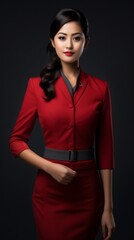 Canvas Print - Studio portrait of a beautiful Asian flight attendant in a red uniform on a black background. Airline service, Flights, Travel, Aircrew, Profession Concepts.