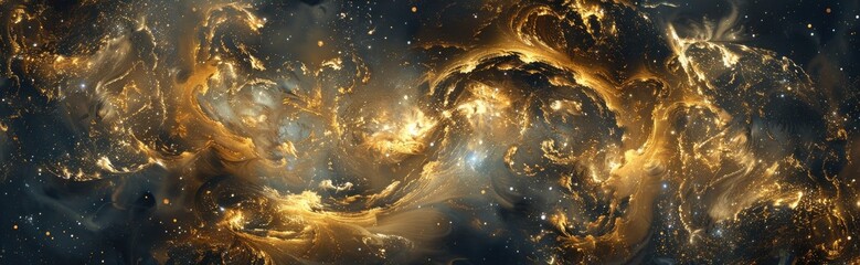 Wall Mural - an abstract cosmic background with swirling gold metallic foil accents resembling galaxies and nebul