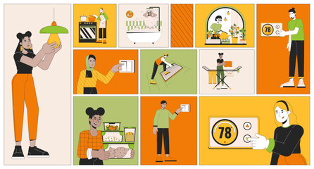 Poster - Saving energy at home bento grid illustration set. Lower electricity costs home appliances 2D vector image collage design graphics collection. Multicultural people flat characters moodboard layout