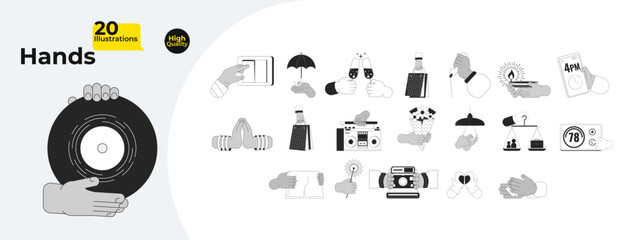 Poster - daily routine lifestyle cartoon hands outline illustration bundle. multiracial adults 2d isolated bl