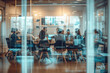 © SHOTPRIME STUDIO - Corporate Meeting in Modern Conference Room with Blurred Glass Walls and Group of People Sitting at Table