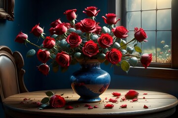 Sticker - a bouquet of red roses in a vase on a table in the room.