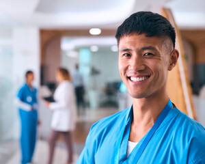 Wall Mural - Portrait Of Smiling Male Doctor Or Nurse Wearing Scrubs In Hospital With Colleague In Background