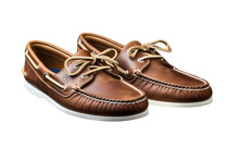 Brown Boat Shoes. A pair of classic brown boat shoes placed neatly on a plain white background. The shoe have a textured finish and visible stitching details. Isolated on a Transparent Background PNG.