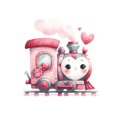A cartoon train with a heart on the front and a pink flower on the side. The train is on a track and has a steam engine