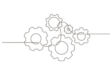 Single continuous line symbol of machine wheel gears vector illustration. Cogwheel one line contour drawing business teamwork concept. Design for poster, card, label, company 