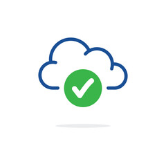 Fototapete - thin line blue cloud icon with green checkmark. concept of data synchronization or connect and mobile app pictogram. flat outline trend modern logotype graphic simple design element isolated on white