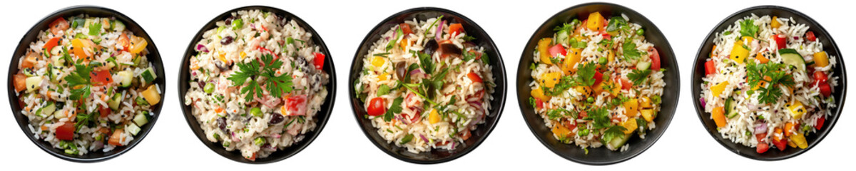 colorful assortment of gourmet rice salad dishes from a top-down panoramic view, showcasing the culinary diversity and healthy eating options of international cuisine.  on a transparent background