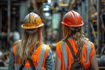 Wall Mural - Two young blonde women seen from behind wearing safety vests and dirty hard hats, observing the work in progress at the construction site