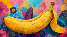 A Bright Yellow Banana Rests On An Abstract, Multicolored Background With Playful Circles And Splashes, Evoking A Sense Of Fun And Creativity.
