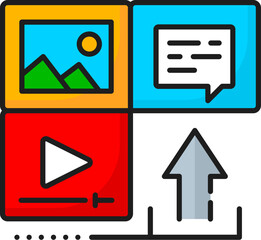 Leinwandbilder - Content upload, CMS, content management system icon. Isolated vector thin line speech bubble, arrow up, play button and image media file signs. Linear symbol of easy organization of website content