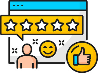 Aufkleber - Quality website. Sem. Search engine marketing isolated vector thin line icon showcasing pc screen, thumb up, and customer feedback with five stars. Web content optimization strategy stroke sign