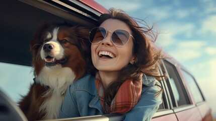 Wall Mural - young woman with cute dog out the window of the car, 