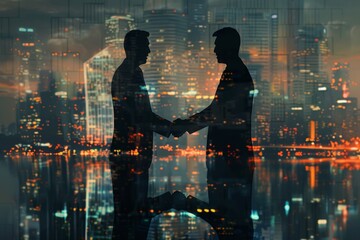 two businessmen shaking hands as a city skyline is seen Generative AI