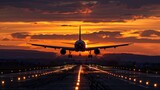 Fototapeta  - Air transportation concept,Jet airplane silhouette landing  during sunset. 