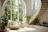 Fototapeta  - Beige staircase leading to a tranquil Scandinavian window space overlooking lush greenery.