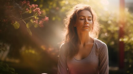 Portrait of a beautiful woman doing yoga in the garden 