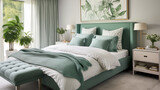 Fototapeta  - Jasna przytulna sypialnia w stylu glamour - mockup obrazu na ścianie. Zielone, szmaragdowe i białe kolory wnętrza. Render 3d. Wizualizacja	