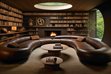 Relaxing lounge space with a round wooden coffee table, brown leather chair, ottoman, and sofa creating a cozy atmosphere. Floating shelves adorn the wall.