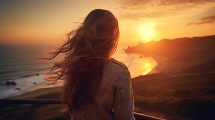 Wall Mural - woman and nature,young women watching the sunrise 