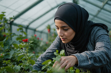 Muslim woman wearing a traditional black hijab and working in greenhouse with blooming roses