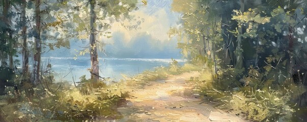 Wall Mural - painting of a serene hiking adventure. immersing in the beauty of nature's canvas with every step