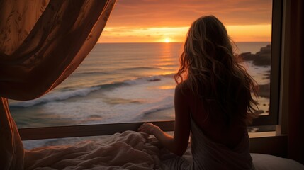 Wall Mural - Woman sitting on bed nearly window looking to Beautiful sunset 