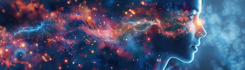 Wall Mural - vibrant brain map. amidst the cosmic tapestry. explore the depths of the mind against the backdrop o