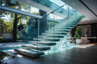 Floating staircase with glass balustrade, offering unobstructed views of the room.
