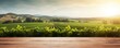 Empty wood table top with on blurred vineyard landscape background, for display or montage your products. Agriculture winery and wine tasting concept. digital ai art