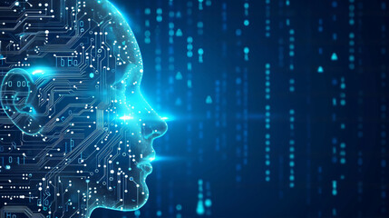 The Technology Concept, of a blue outline outline digital men face with connect circuit board data flow on blue, technology background. generative ai