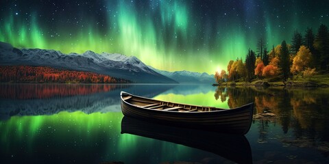 Wall Mural - An old wooden boat rests on a calm lake under a dazzling display of the northern lights