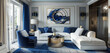 Nautical-themed living room in navy blue, white, and gold, classic maritime elements with contemporary design,