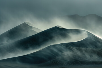 Poster - Misty sand dunes in a desert. Surreal landscape. Background image. Created with Generative AI technology.
