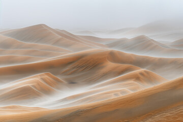 Poster - Misty sand dunes in a desert. Surreal landscape. Background image. Created with Generative AI technology.