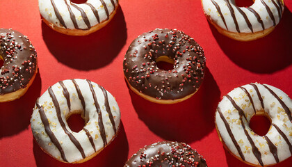 Donut breakfast flat lay concept red background graphic of doughnuts with chocolate icing - 