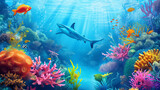 Fototapeta Sport - The big shark swimming underwater, Illustration
