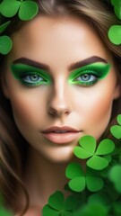 Close-up of a beautiful woman with creative makeup with green sequins, leaf of clover on side, green eyes. St. Patrick's Day, an Irish holiday. Vertical