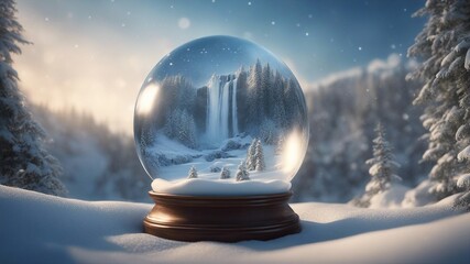 Wall Mural - snow globe in the snow highly intricately detailed of beautiful  Beusnita Waterfall  landscape inside a snow globe  