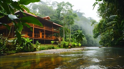 Wall Mural - Riverside Lodge in the Heart of a Tropical Rainforest