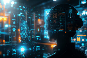 Poster - Face is displayed on a computer screen with a blue background. The face is surrounded by a lot of lines and shapes, giving it a futuristic and technological appearance