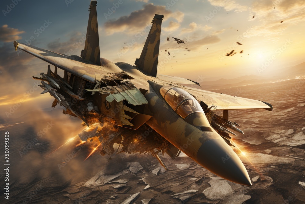 Damaged Jet Dramatic scene of a damaged fighter jet plummeting from the sky in ...
