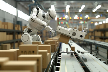 Poster - A robot is working in a warehouse, sorting boxes. The robot is white and has a robotic arm. The warehouse is filled with boxes of various sizes and shapes. The robot is focused on its task. 