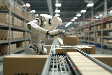 Poster - A robot is working in a warehouse, sorting boxes. The robot is white and has a robotic arm. The warehouse is filled with boxes of various sizes and shapes. The robot is focused on its task. 
