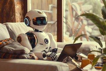 Poster - A robot is sitting on a couch in front of a laptop.