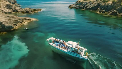 Wall Mural - Aerial view of boat in turquoise sea with rocks and blue sky, Aerial view of a rib boat with snorkelers and divers at the turquoise colored coast of the Aegean Sea in Greece, AI Generated